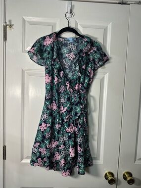 Draper James Black Floral Wrap Mini Dress with Pink & Green